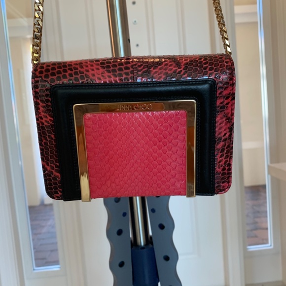 Jimmy Choo Pink/Black/Gold Leather Snakeprint Handbag - Picture 2 of 10